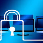 Networked computers with a cyber security icon